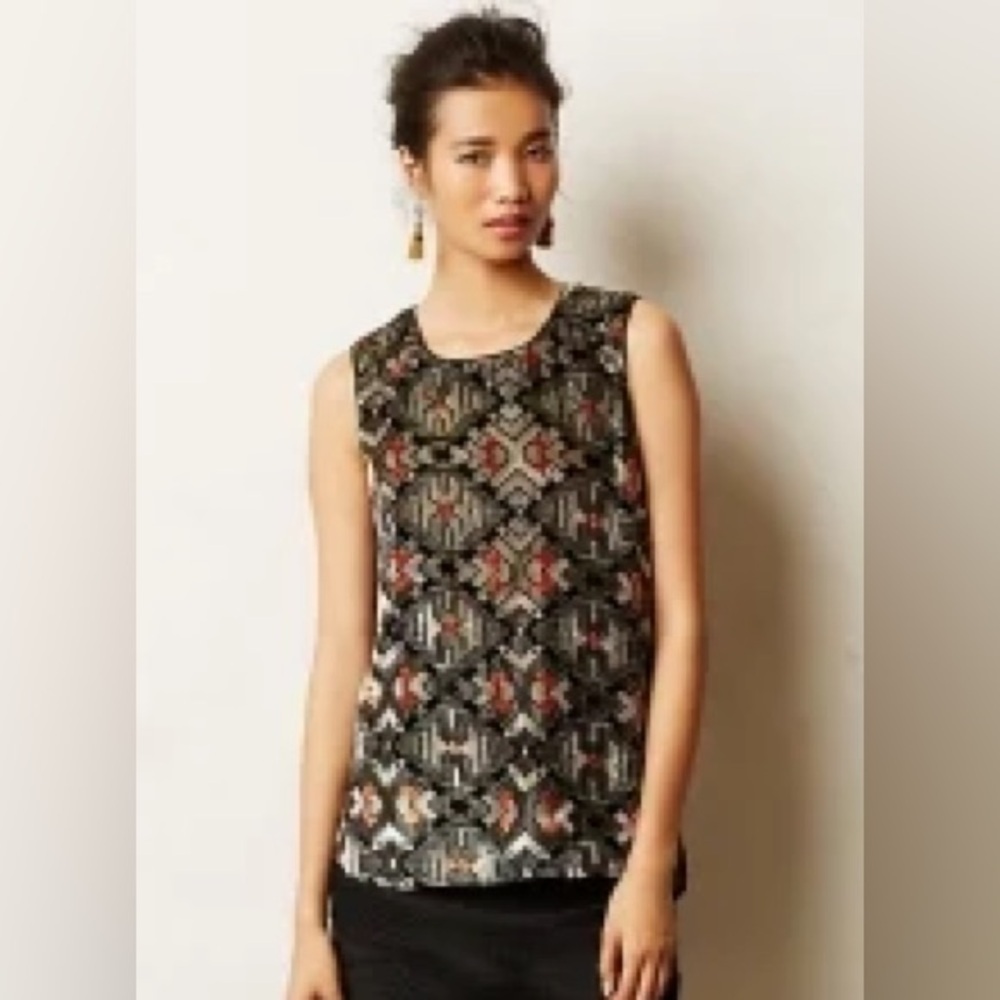 Anthropologie Meadow Rue Geometric pattern Metallic Velvet Sleeveless top Sz 8